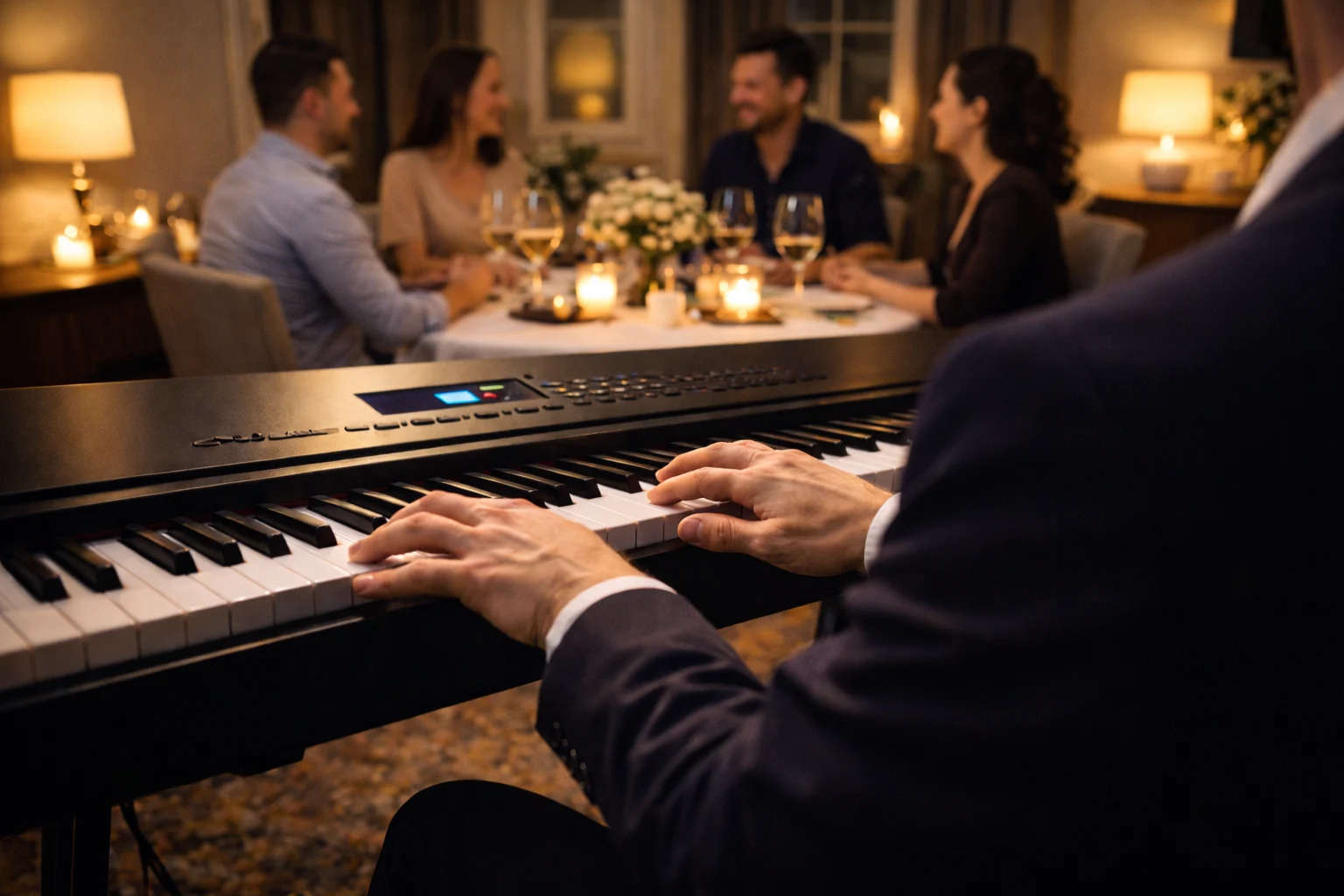 Pianist zorgt voor live achtergrondmuziek tijdens een diner of verjaardag in de woonkamer zonder te overheersen.