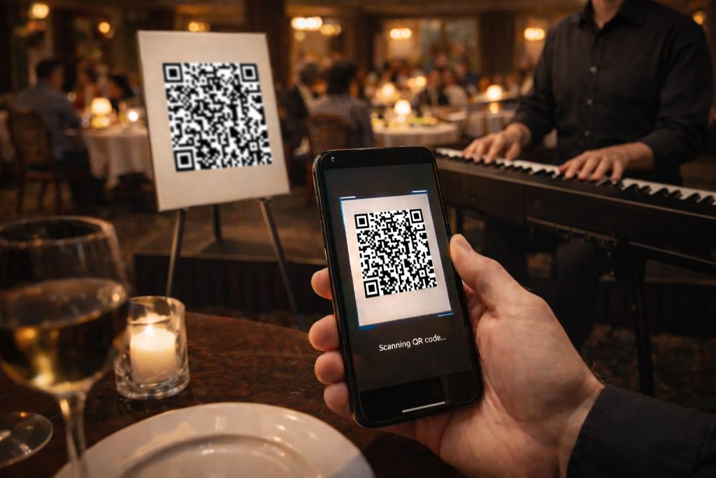 Bepaal zelf de muziek via QR-code Gasten vragen live pianoverzoekjes aan via een QR-code op de piano.
