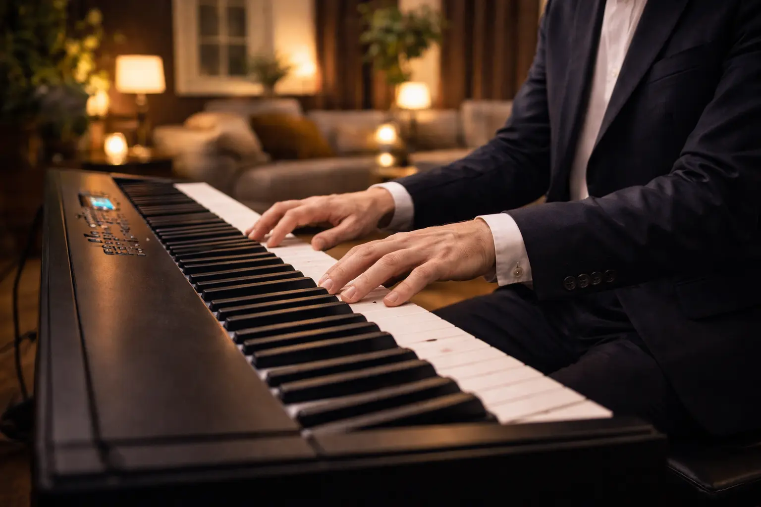 Pianist aan huis speelt sfeervolle muziek tijdens een intiem huiskamerconcert.