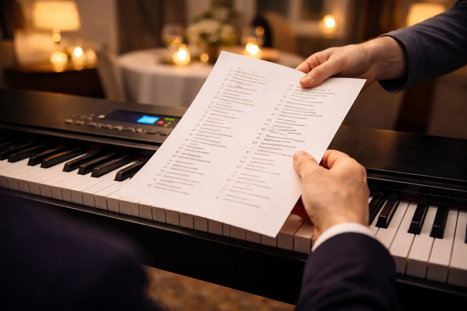 Gast overhandigt een ingevulde keuzelijst met verzoeknummers aan de pianist tijdens een feestje thuis.