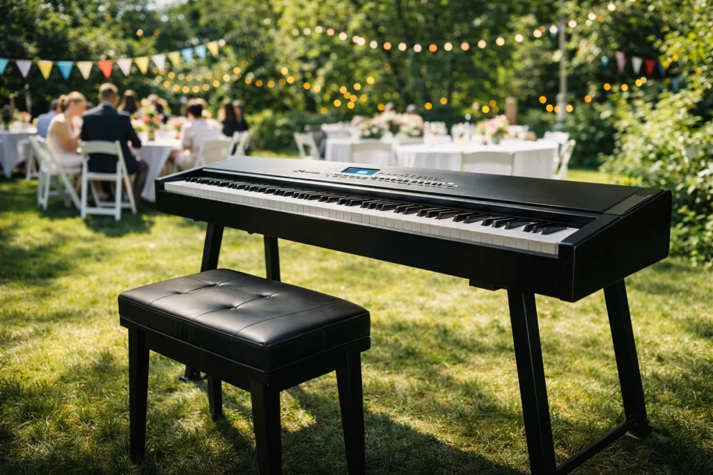 Mobiele piano opstelling in een tuin, geschikt voor een verjaardag of bruiloft aan huis in regio Apeldoorn.