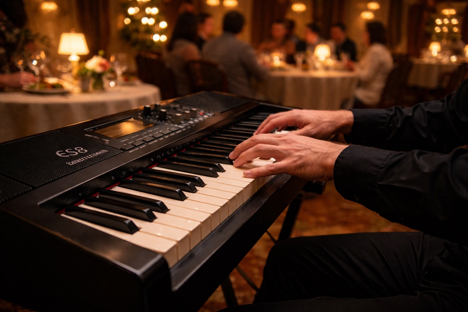 Sfeervolle live piano achtergrondmuziek Close-up van handen die rustige achtergrondmuziek spelen op een piano tijdens een sfeervol diner of borrel.