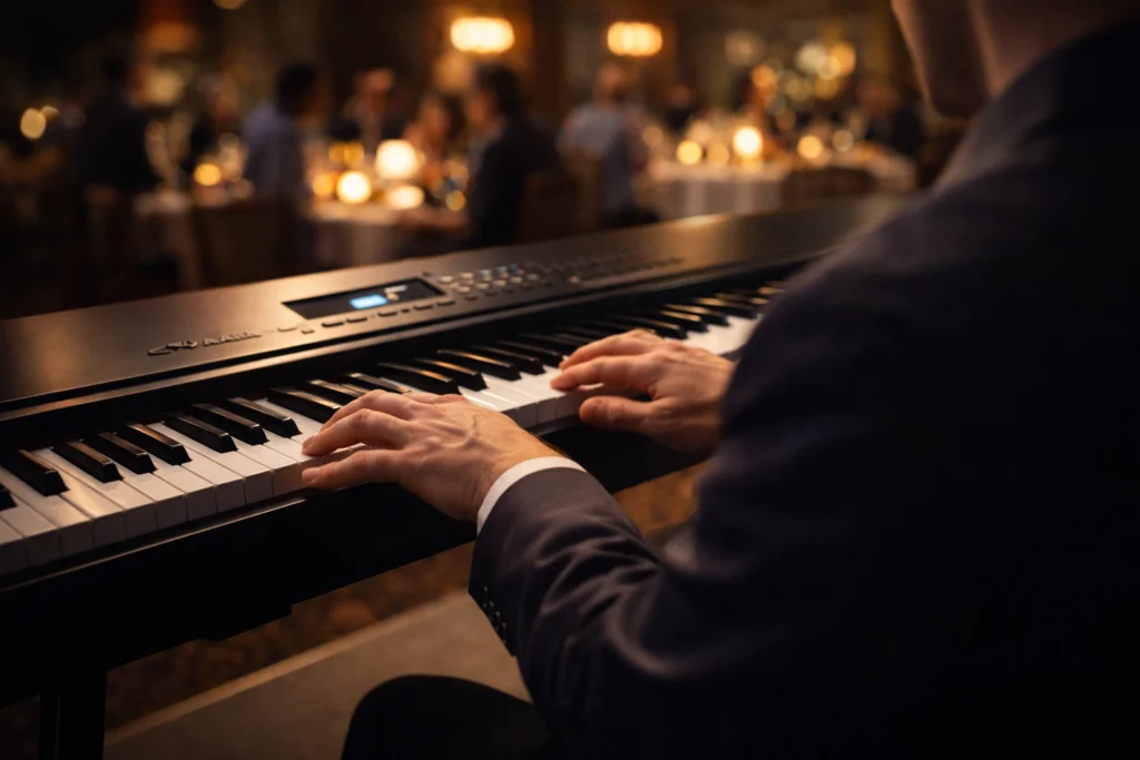 Close-up van pianist die sfeervolle live achtergrondmuziek speelt op een feest in Apeldoorn, zonder te overheersen.