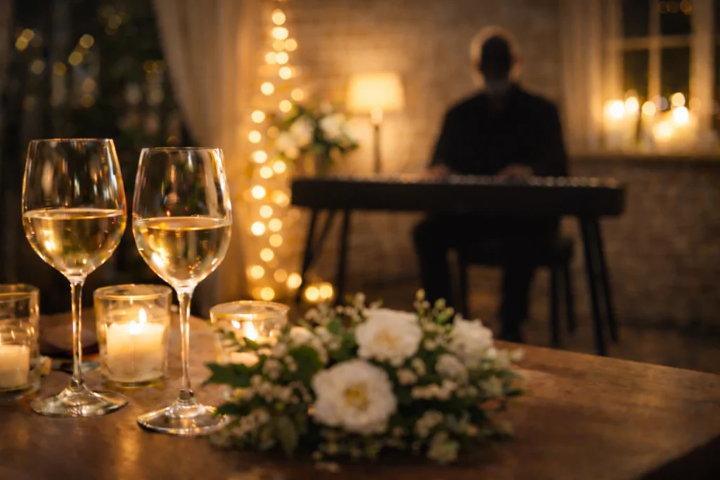 Pianist verzorgt sfeervolle live achtergrondmuziek tijdens een receptie of bruiloft in Gelderland, gezien vanuit gastperspectief