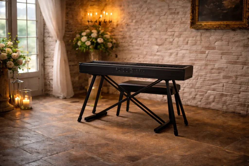 Digitale piano opstelling klaar voor een optreden in een sfeervolle kasteel-locatie in Gelderland