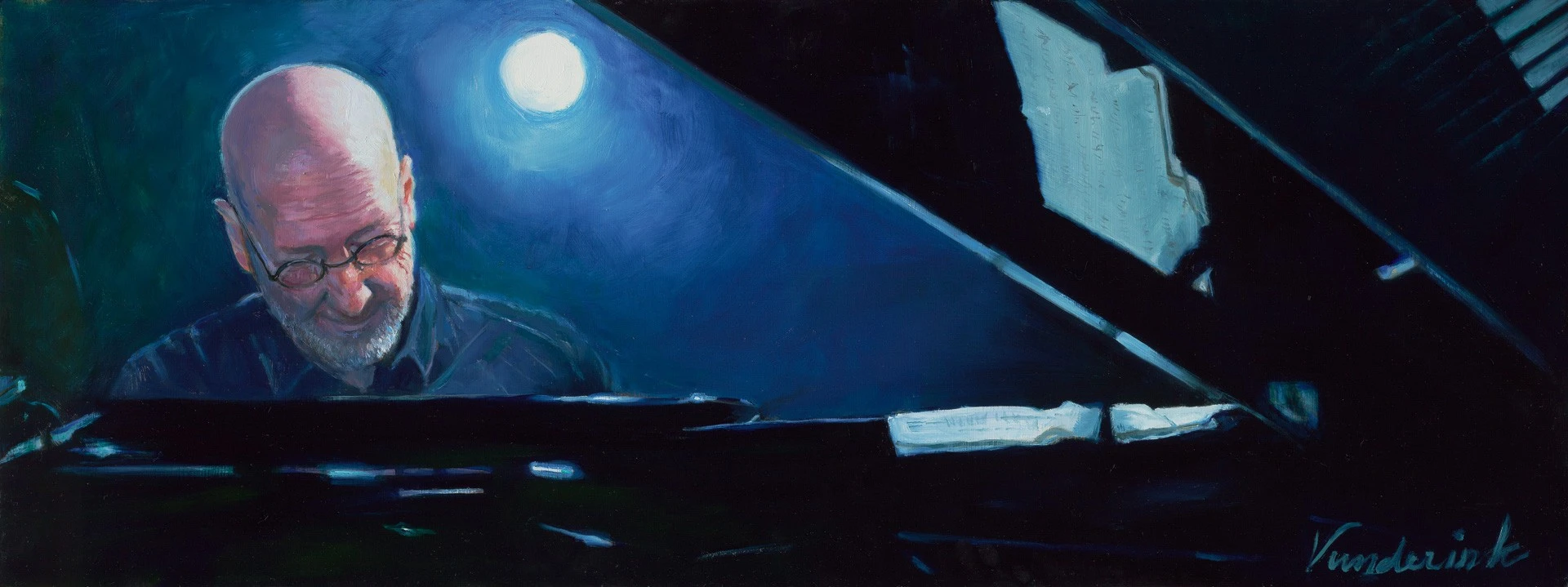 Artistiek portret van pianist Rob achter de vleugel, geschilderd tijdens een concert in de Grote Kerk van Apeldoorn