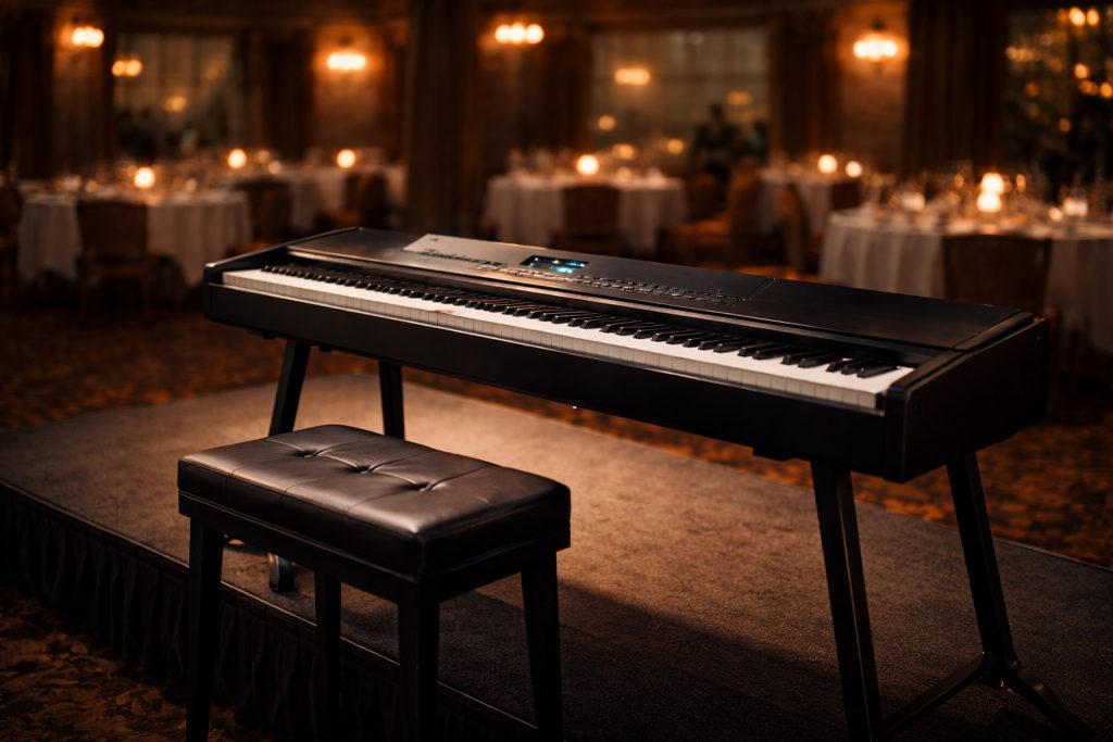 Professionele zwarte digitale piano die de pianist meeneemt naar locaties zonder eigen instrument.